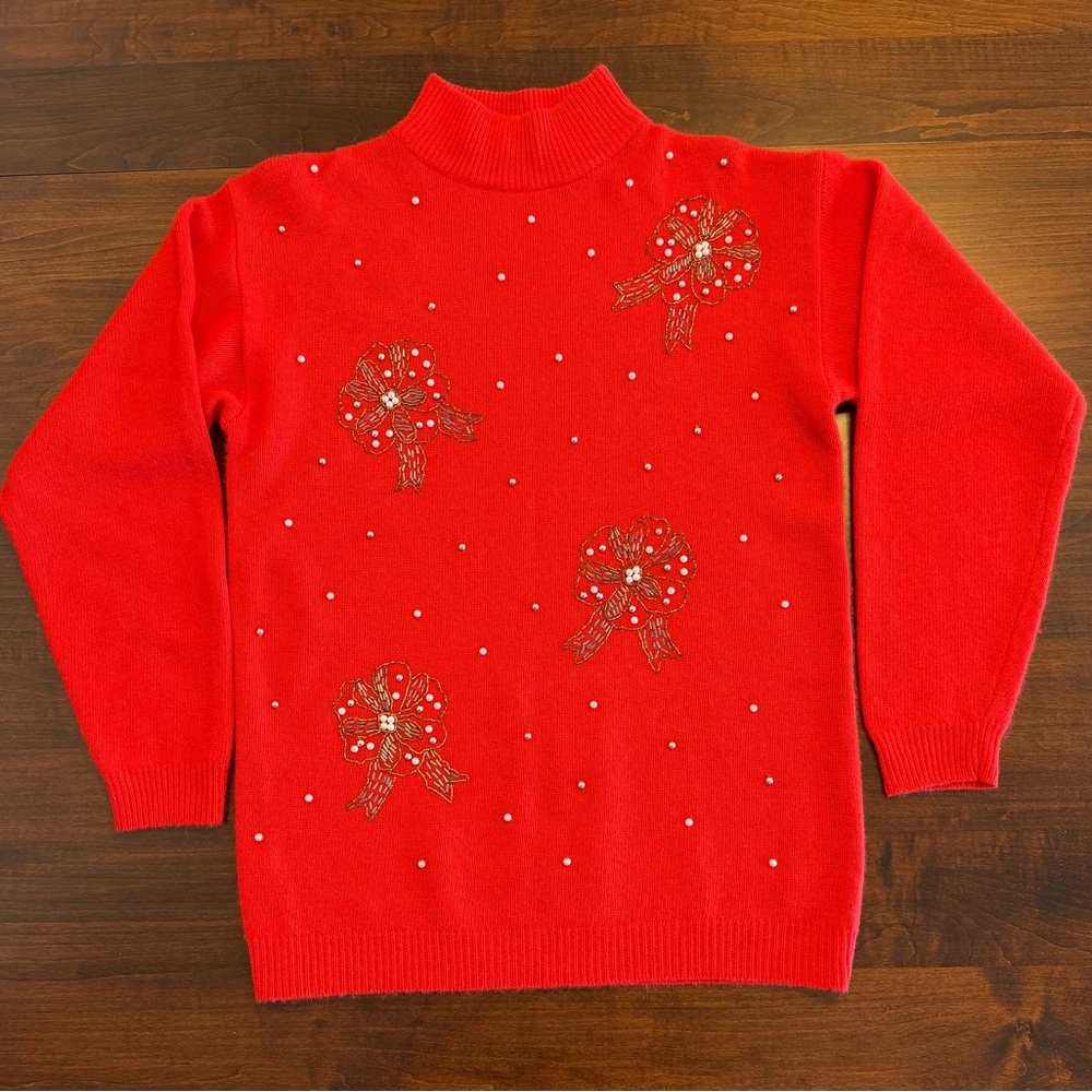 Vintage Dillard’s Red Holiday Christmas‎ Mockneck Sweater Bow Beads Details